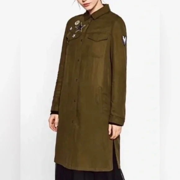 Zara Army Green Long Snap-Down Patchwork Jacket - Size S - Picture 2 of 9